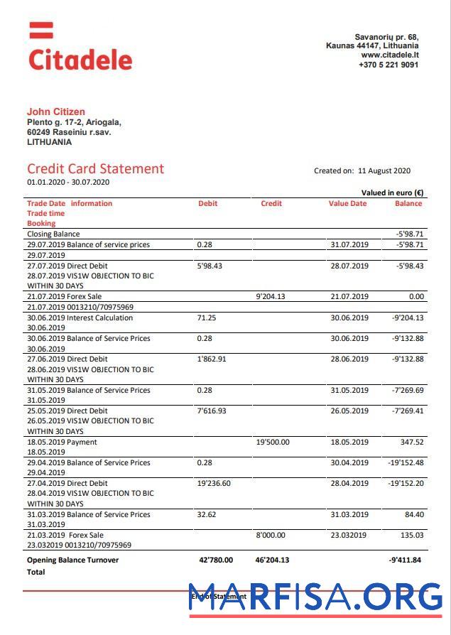 Printable Lithuania (Litva) Citadele bank credit card st real example
